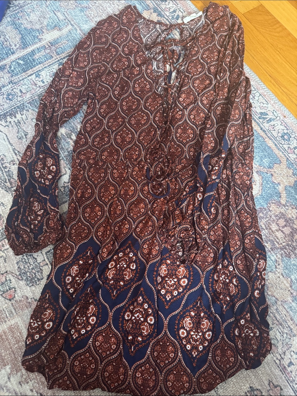 Cotton Candy Brown and Navy Paisley Tie-Neck Long Sleeve Dress